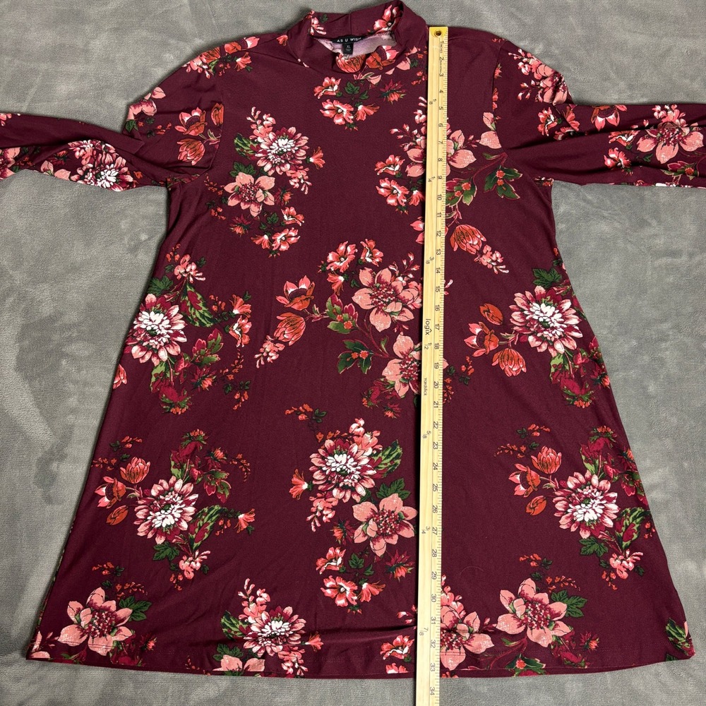 As U Wish Women's XL Burgundy Floral Mock Neck A-Line Dress Cottagecore - Picture 7 of 7